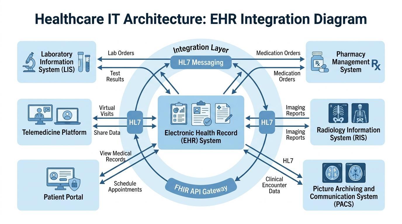 Healthcare IT architecture diagram showing Electronic Health Record (EHR) integration with laboratory systems, PACS imaging infrastructure, pharmacy systems, and FHIR API interoperability layer