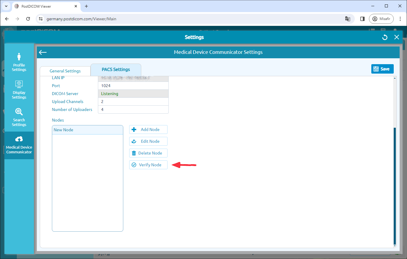 Editing Medical Device Communicator (MeDiC) PACS Server Settings for Windows